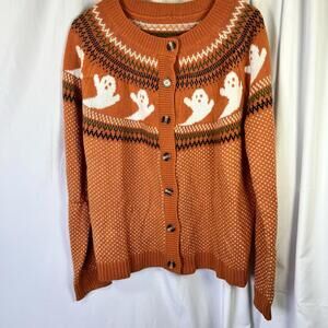 Halloween Sweater Cute Spooky Ghosts Orange Vintage Style Retro Cardigan 1X